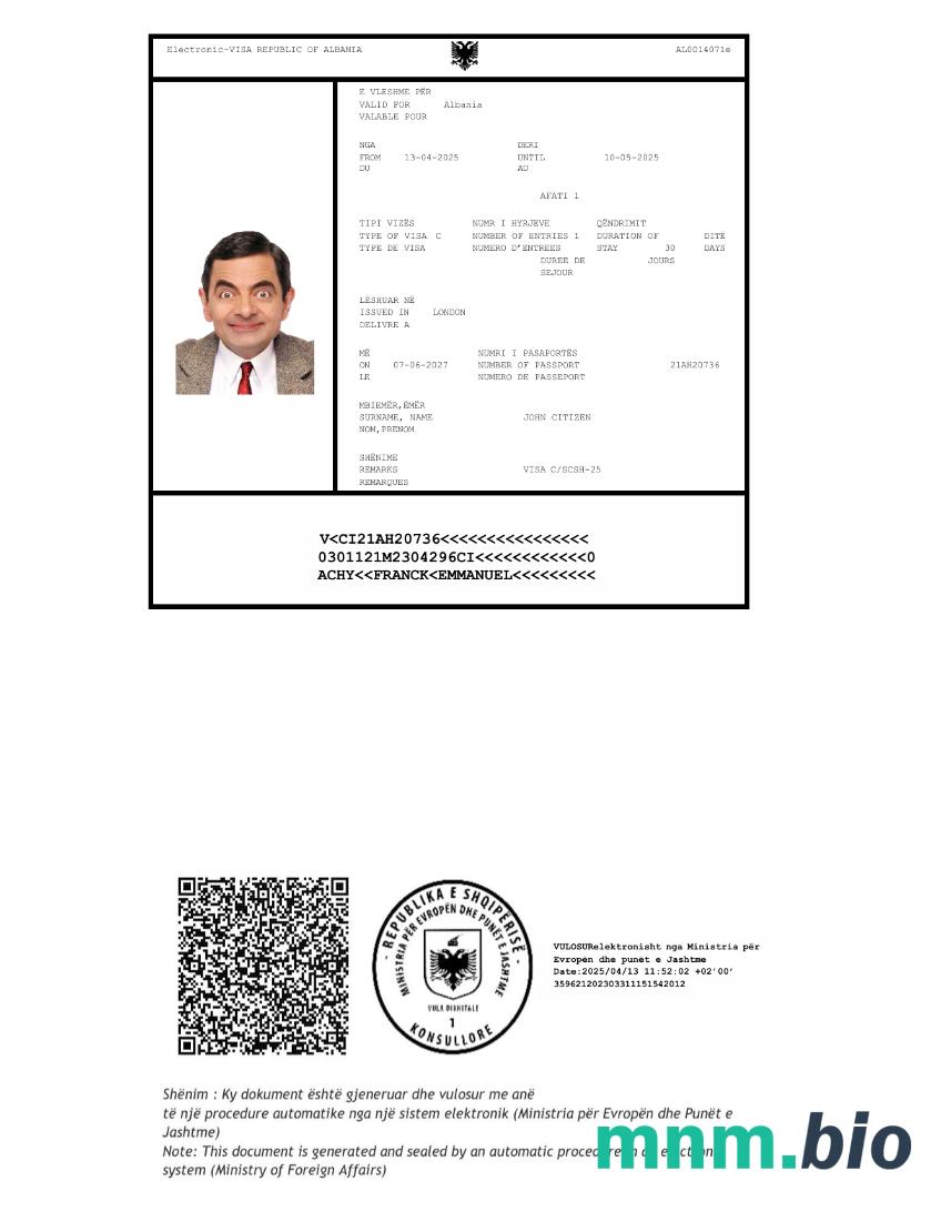 Szablon e-visa do Albanii w wersji 2
